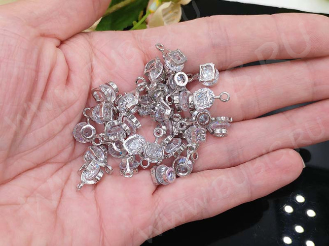 Подвеска Кошка 54 Мордочка 3D с кубическим цирконием 12*7*7мм цвет платины (сплав и фианит)