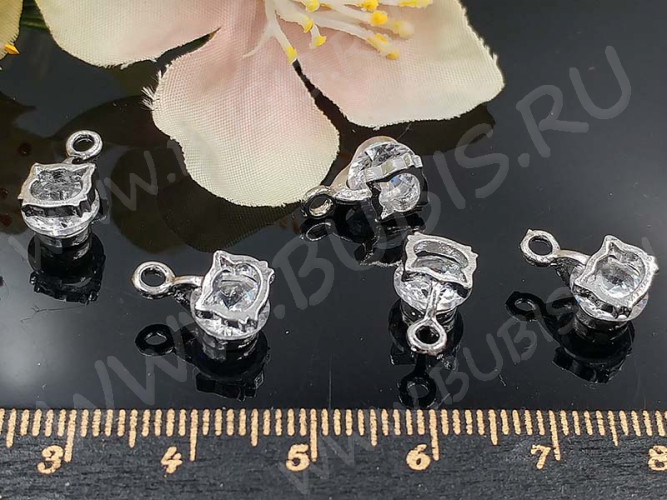 Подвеска Кошка 54 Мордочка 3D с кубическим цирконием 12*7*7мм цвет платины (сплав и фианит)