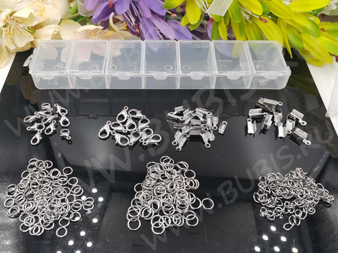 (ОПТ) Комплект ФУРНИТУРЫ 08 набор в контейнере 7 ячеек цвет платины (Iron) (примерно 261шт.)