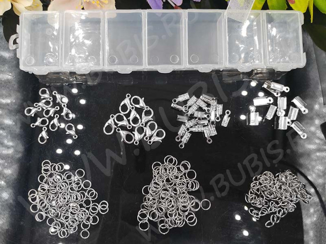 (ОПТ) Комплект ФУРНИТУРЫ 08 набор в контейнере 7 ячеек цвет платины (Iron) (примерно 261шт.)