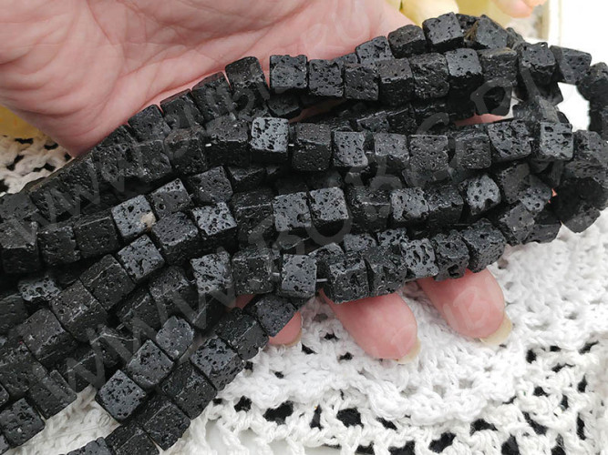 (ОПТ) Бусина каменная Кубик 13 8*8*8мм Лава вулканическая чёрная (камни) (НИТЬ)