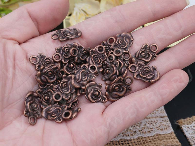 Подвеска Цветочек 09 двусторонняя Роза плоская 18*11*2мм античная медь (литьё)