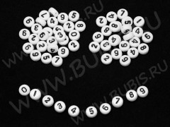 (СКИДКИ!!!) Бусина таблетка 7*7*4мм с цифрами МИКС бело-чёрная непрозрачная (акрил) (50шт.)