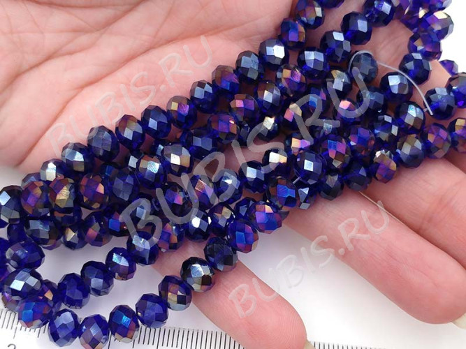 (ОПТ) Бусина Абакус гранёный 8*8*5,5мм Хрусталь т.синий с АВ прозрачный (имитация Сваровски) (НИТЬ)