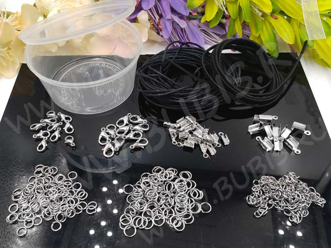 (ОПТ) Комплект ФУРНИТУРЫ 09 набор со шнурами в контейнере с крышкой цвет платины (Iron) (примерно 267шт.)