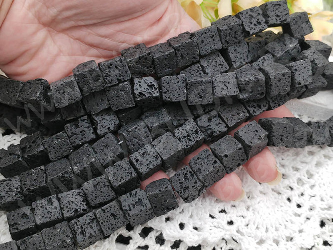 (ОПТ) Бусина каменная Кубик 12 12*12*12мм Лава вулканическая чёрная (камни) (НИТЬ)