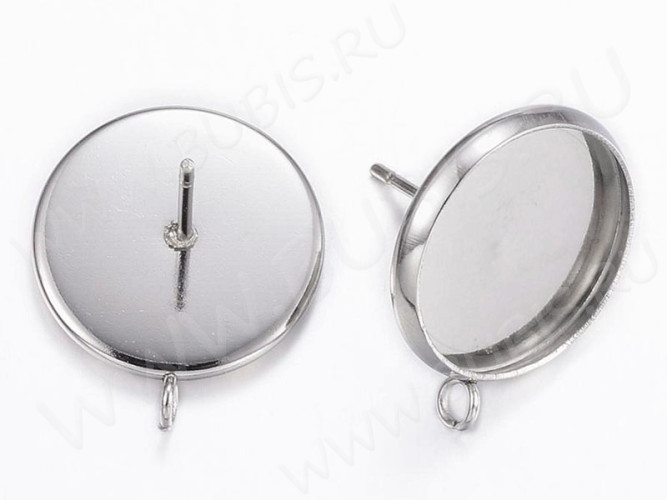 Пуссеты ("гвоздики") №183 (с круглым сеттингом 14мм) с петлёй (колечком) 13*12*0,6мм цвет платины (Хирургическая сталь) (1 пара)