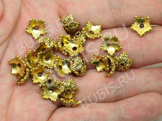 (СКИДКИ!!!) 190 Шапочка Лиственная 10*10*4мм античное золото (литьё) (10шт.)