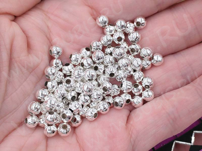 Бусина металлическая Шарик "Тыковка" 5*5*4,5мм серебристый (Iron) (10шт.)