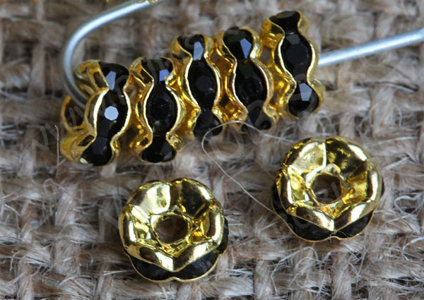 Рондель со стразами 10 6*6*2,8мм золотистый с чёрными стразами (Brass и стекло)
