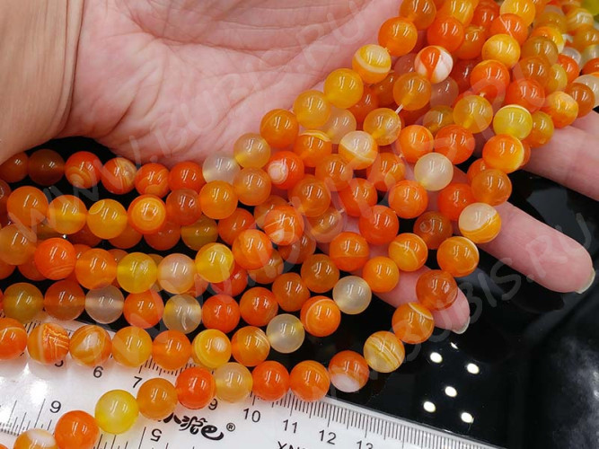 (ОПТ) Бусина округлая ГЛАДКАЯ 10мм Агат Мадагаскарский оранжево-молочный (сердоликовый) (камни) (НИТЬ)