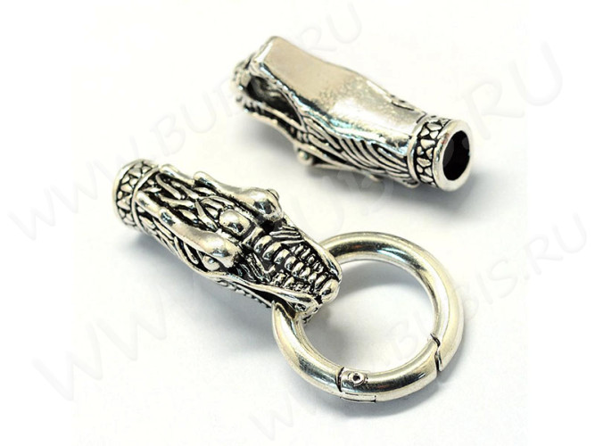 Замочек карабин №088 кольцо с концевиками Драконы 78*25*13мм античное серебро (литьё)