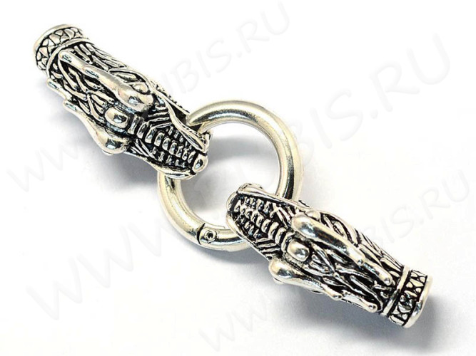 Замочек карабин №088 кольцо с концевиками Драконы 78*25*13мм античное серебро (литьё)