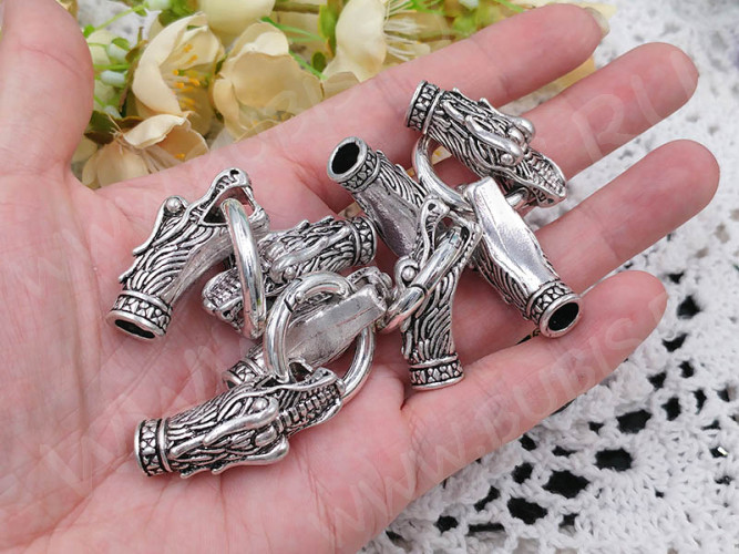 Замочек карабин №088 кольцо с концевиками Драконы 78*25*13мм античное серебро (литьё)