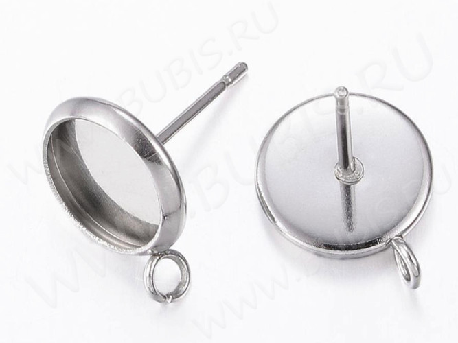 Пуссеты ("гвоздики") №184 (с круглым сеттингом 8мм) с петлёй (колечком) 13*10*0,6мм цвет платины (Хирургическая сталь) (1 пара)