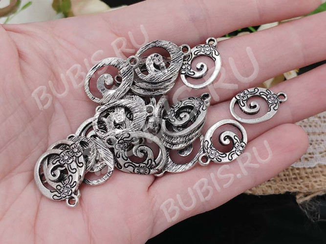 Подвеска Овал 01 с цветочками 16*13*1,5мм античное серебро (литьё)