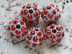 Бусина Шамбала 15 округлая 12мм платина и красный (металл и стекло)