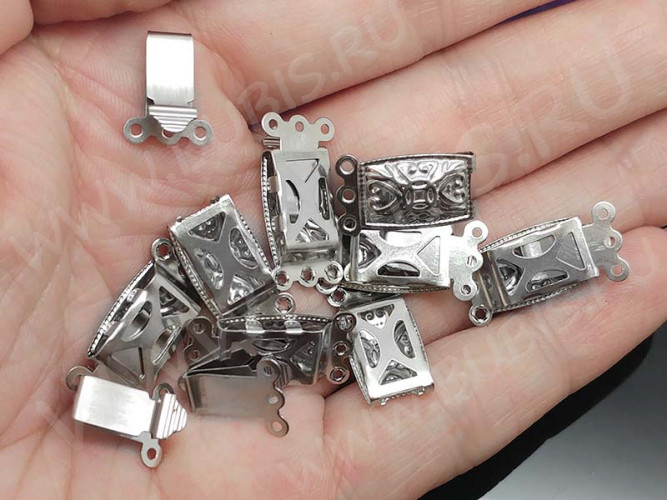 Замочек-застёжка №45 прямоугольный на 3 нити 20,5*10*4,5мм цвет платины (хирургическая сталь)