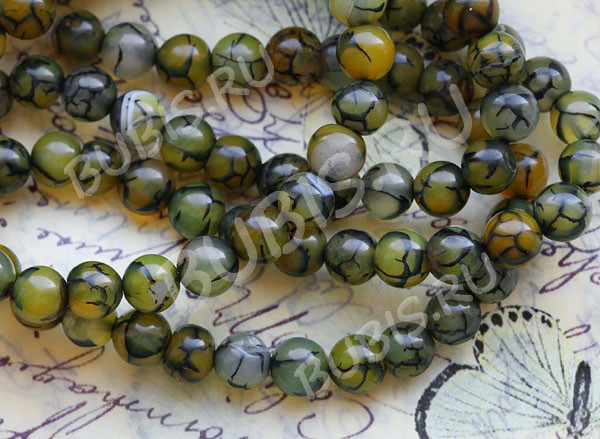 (СКИДКИ!!!) Бусина округлая 8мм Агат "Вены Дракона" оливковый полупрозрачный (камни)(10шт)