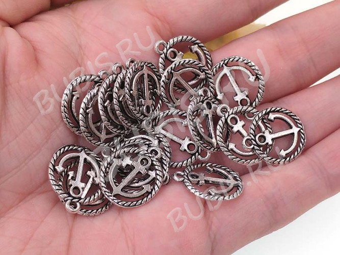 Подвеска Якорь 20 двусторонняя в круге 18*15*1,5мм античное серебро (литьё)