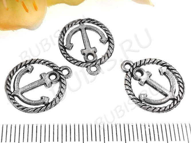 Подвеска Якорь 20 двусторонняя в круге 18*15*1,5мм античное серебро (литьё)