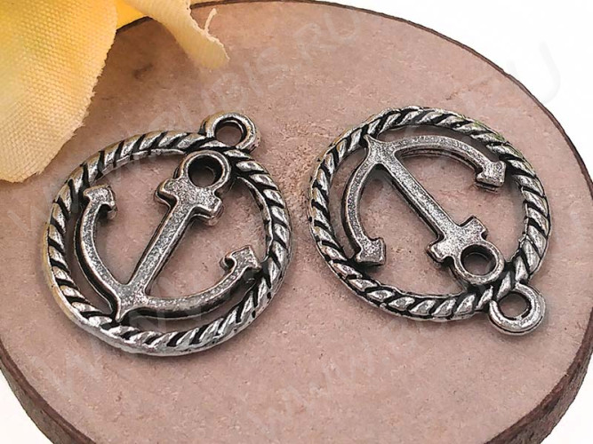 Подвеска Якорь 20 двусторонняя в круге 18*15*1,5мм античное серебро (литьё)