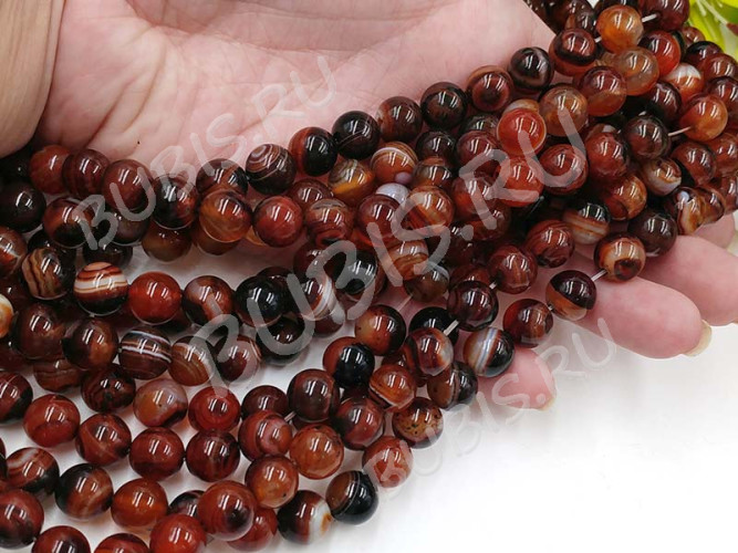 (ОПТ) Бусина округлая ГЛАДКАЯ 10мм Агат Мадагаскарский коньячно-т.коричневый (камни) (НИТЬ)