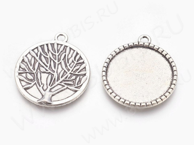 Подвеска-сеттинг Круг 09 Дерево жизни (сеттинг 25мм) 32*28,5*2мм античное серебро (литьё)