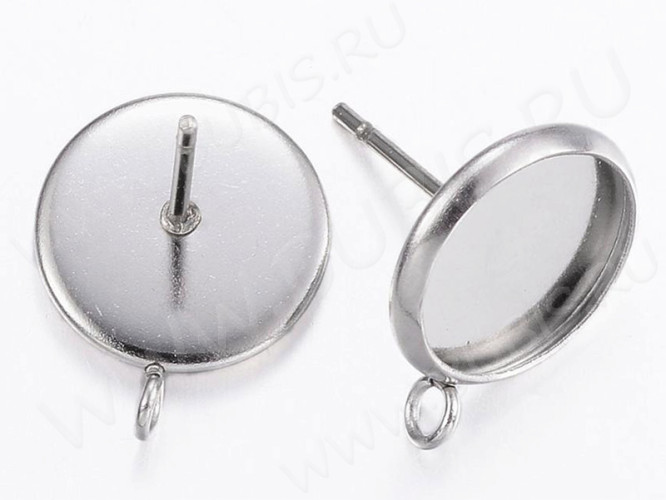 Пуссеты ("гвоздики") №185 (с круглым сеттингом 10мм) с петлёй (колечком) 13*12*0,6мм цвет платины (Хирургическая сталь) (1 пара)