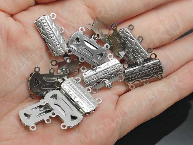 Замочек-застёжка №46 прямоугольный широкий на 3 нити 19,5*14,5*2,8мм цвет платины (хирургическая сталь)