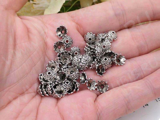 (СКИДКИ!!!) 250 Шапочка Лепестки 7*7*2,8мм античное серебро (литьё) (50шт.)