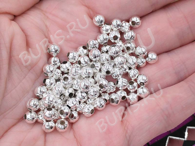 (СКИДКИ!!!) Бусина металлическая Шарик "Тыковка" 5*5*4,5мм серебристый (Iron) (50шт.)