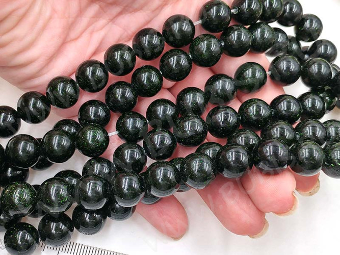 (ОПТ) Бусина округлая 12мм Авантюрин т.зелёный имит. (камни) (НИТЬ)