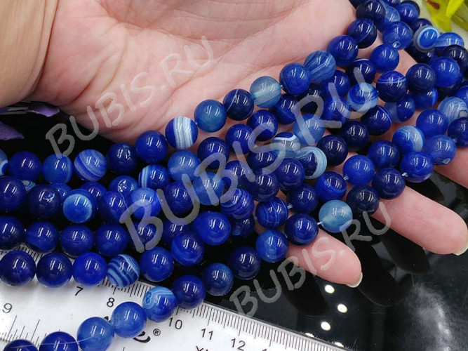 (ОПТ) Бусина округлая ГЛАДКАЯ 10мм Агат Мадагаскарский сине-молочный (камни) (НИТЬ)