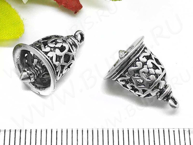 Подвеска Колокольчик 03 3D ажурный с язычком 17*11,5*11,5мм античное серебро (Корея) (Brass)