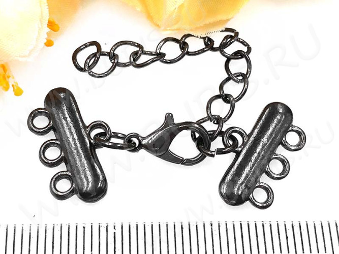 Замочек карабин №065 с коннекторами на 3 нити 35*18мм и удлиняющей цепочкой чёрный никель (литьё, Brass и Iron)