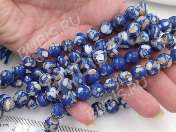 (ОПТ) Бусина округлая Мозаика 06 с перламутром 10мм синяя (камни) (НИТЬ)