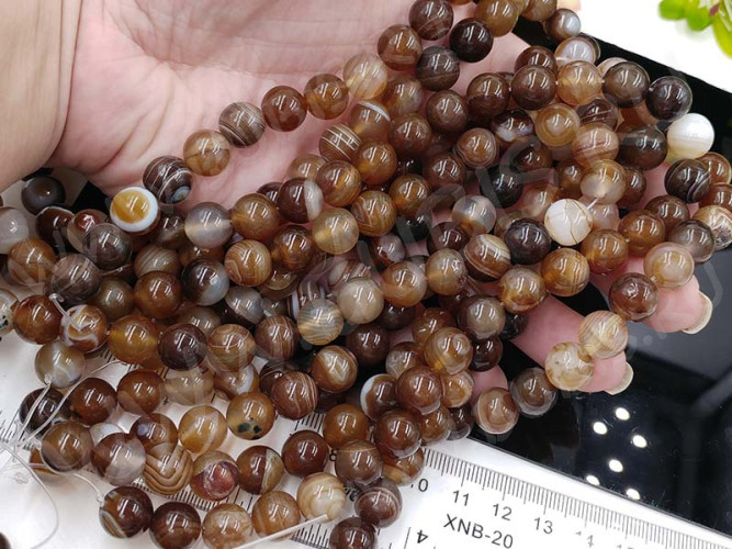 (ОПТ) Бусина округлая ГЛАДКАЯ 10мм Агат Мадагаскарский коричнево-молочный (камни) (НИТЬ)