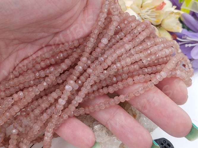 (ОПТ) Бусина каменная Рондель 35 ГРАНЁНЫЙ 4*4*2,5мм Кварц клубничный (камни) (НИТЬ)