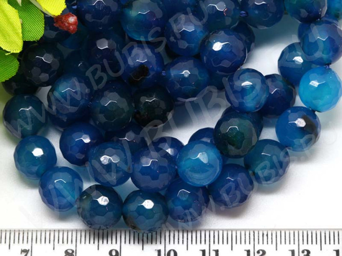 (ОПТ) Бусина округлая ГРАНЁНАЯ 10мм Кварцит тонир. т.голубой (камни) (НИТЬ)