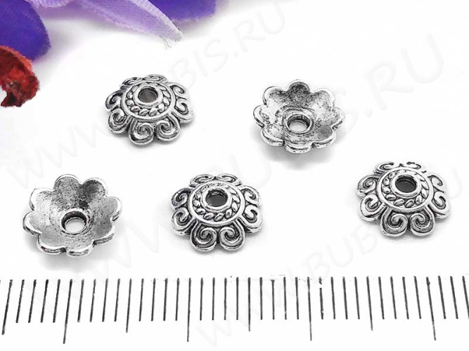 237 Шапочка Завитки 8,5*7*2,5мм античное серебро (литьё) (20шт)