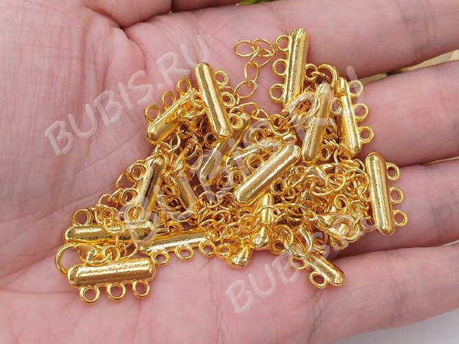 Замочек карабин №065 с коннекторами на 3 нити 35*18мм и удлиняющей цепочкой золотистый (литьё, Brass и Iron)