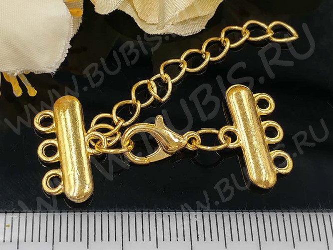 Замочек карабин №065 с коннекторами на 3 нити 35*18мм и удлиняющей цепочкой золотистый (литьё, Brass и Iron)