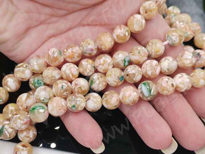 (ОПТ) Бусина округлая Мозаика 06 с перламутром 10мм светлый микс (камни) (НИТЬ)