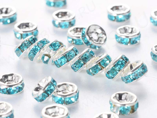 Рондель 08 5*5*2,3мм серебристый с голубыми стразами (Brass)