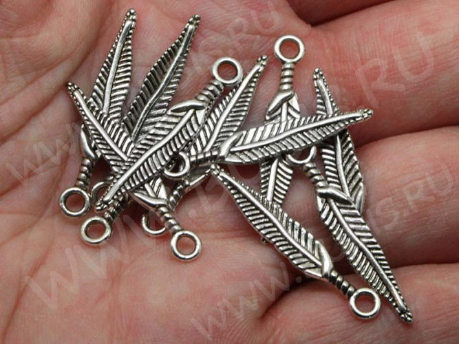 (СКИДКИ!!!) Подвеска Пёрышко 04 3D 29*5*1,5мм античное серебро (литьё) (10шт.)