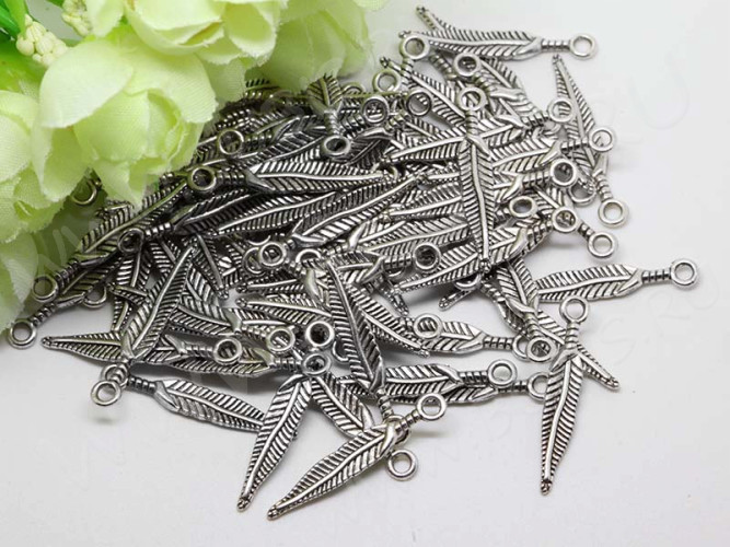 (СКИДКИ!!!) Подвеска Пёрышко 04 3D 29*5*1,5мм античное серебро (литьё) (10шт.)