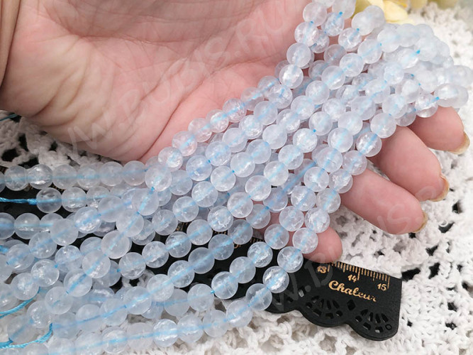 (ОПТ) Бусина округлая 8мм Кварц сахарный (имитация) голубой прозрачный матовый (стекло) (НИТЬ)