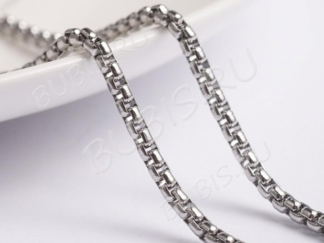 Цепочка S58 Ювелирная сталь Ролло (Rolo) квадрат "Коробок" мелкая 2,5*2,5*1мм цвет платины (Хирургическая сталь) (50см)