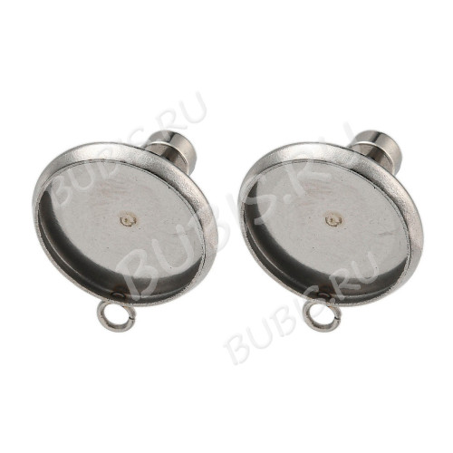 Пуссеты ("гвоздики") №217 (с круглым сеттингом 12мм) с петлёй (колечком) и винтовой крепёжкой 16,5*13,5*1мм цвет платины (Хирургическая сталь) (1 пара)